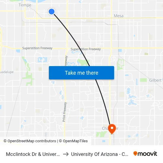 Mcclintock Dr & University Dr to University Of Arizona - Chandler map