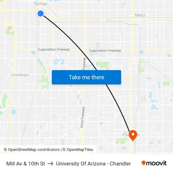 Mill Av & 10th St to University Of Arizona - Chandler map