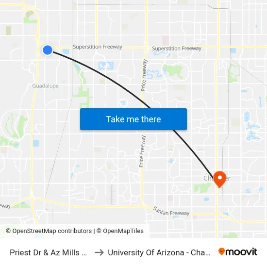 Priest Dr & Az Mills East to University Of Arizona - Chandler map