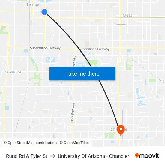 Rural Rd & Tyler St to University Of Arizona - Chandler map