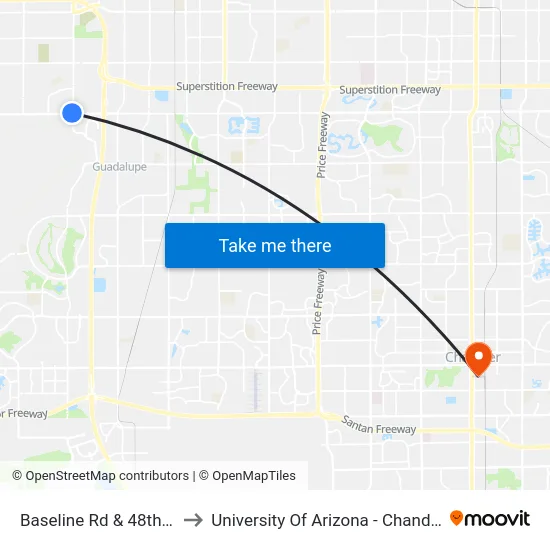 Baseline Rd & 48th St to University Of Arizona - Chandler map