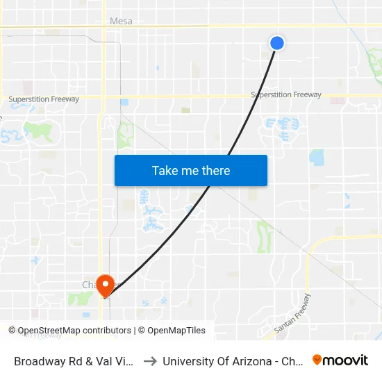 Broadway Rd & Val Vista Dr to University Of Arizona - Chandler map