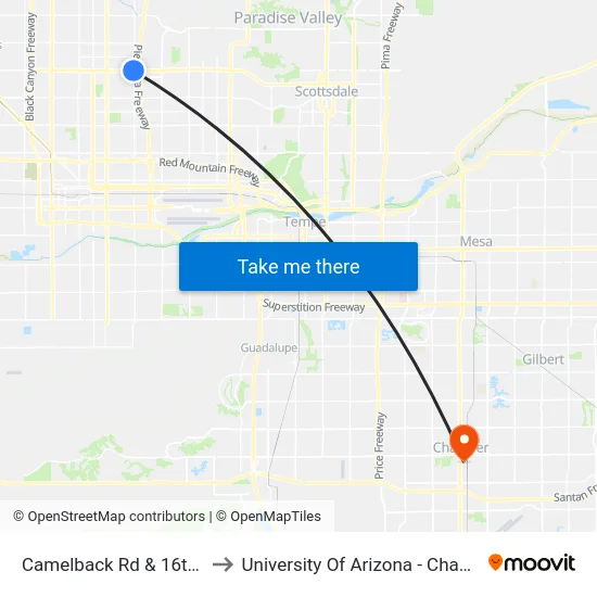 Camelback Rd & 16th St to University Of Arizona - Chandler map