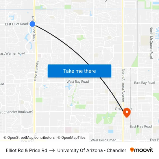 Elliot Rd & Price Rd to University Of Arizona - Chandler map