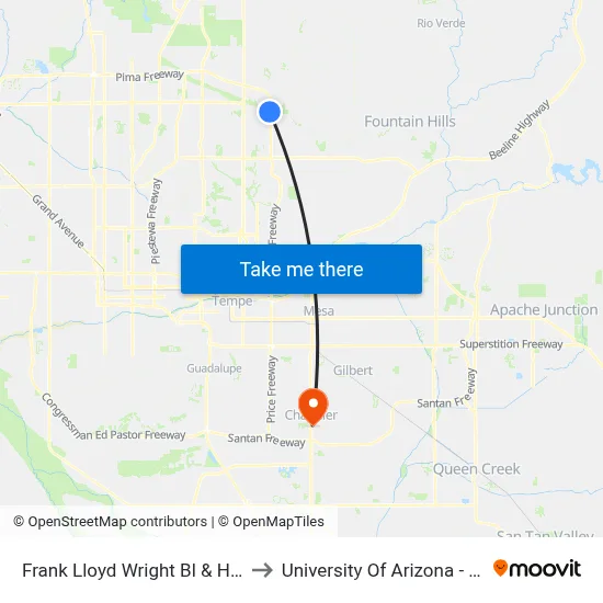 Frank Lloyd Wright Bl & Hayden Rd to University Of Arizona - Chandler map