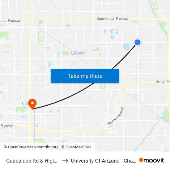 Guadalupe Rd & Higley Rd to University Of Arizona - Chandler map