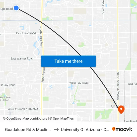 Guadalupe Rd & Mcclintock Dr to University Of Arizona - Chandler map