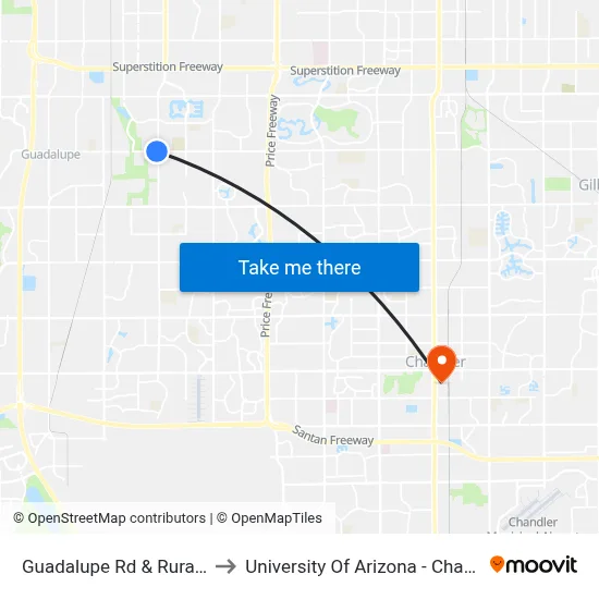 Guadalupe Rd & Rural Rd to University Of Arizona - Chandler map