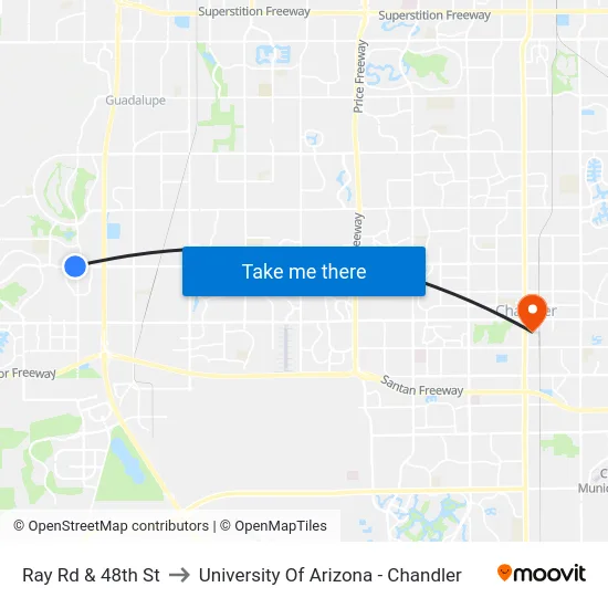 Ray Rd & 48th St to University Of Arizona - Chandler map
