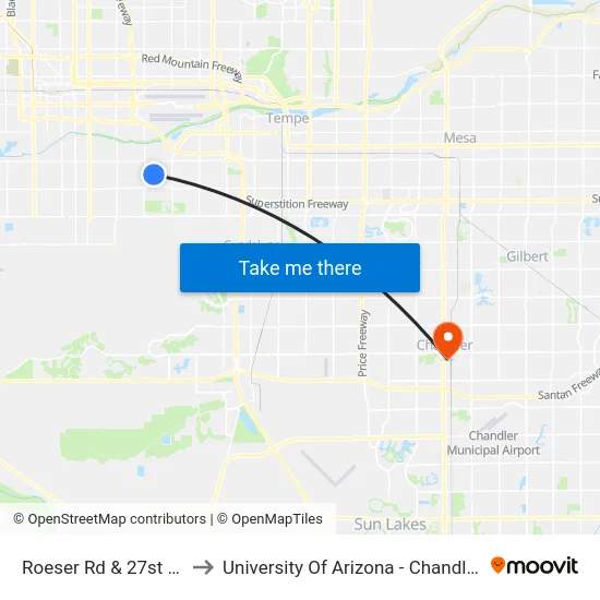 Roeser Rd & 27st St to University Of Arizona - Chandler map