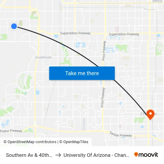 Southern Av & 40th St to University Of Arizona - Chandler map