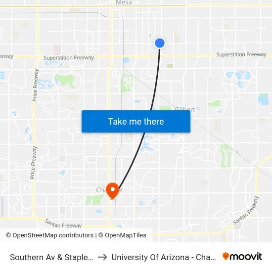 Southern Av & Stapley Dr to University Of Arizona - Chandler map