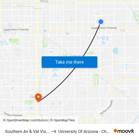 Southern Av & Val Vista Dr to University Of Arizona - Chandler map