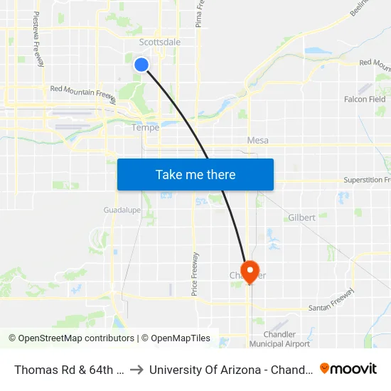 Thomas Rd & 64th St to University Of Arizona - Chandler map