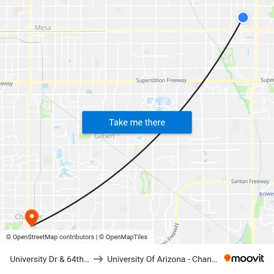 University Dr & 64th St to University Of Arizona - Chandler map