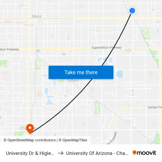University Dr & Higley Rd to University Of Arizona - Chandler map