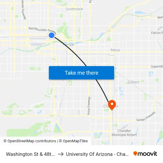 Washington St & 48th St to University Of Arizona - Chandler map