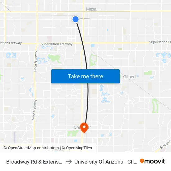 Broadway Rd & Extension Rd to University Of Arizona - Chandler map