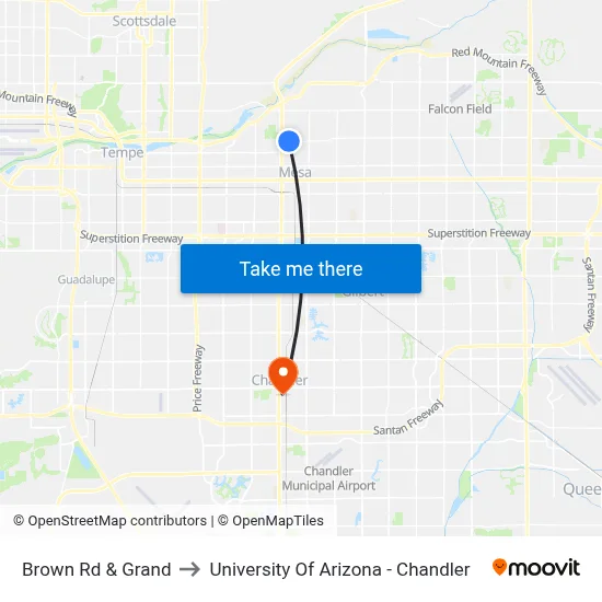 Brown Rd & Grand to University Of Arizona - Chandler map