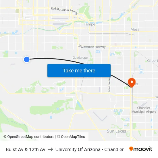 Buist Av & 12th Av to University Of Arizona - Chandler map