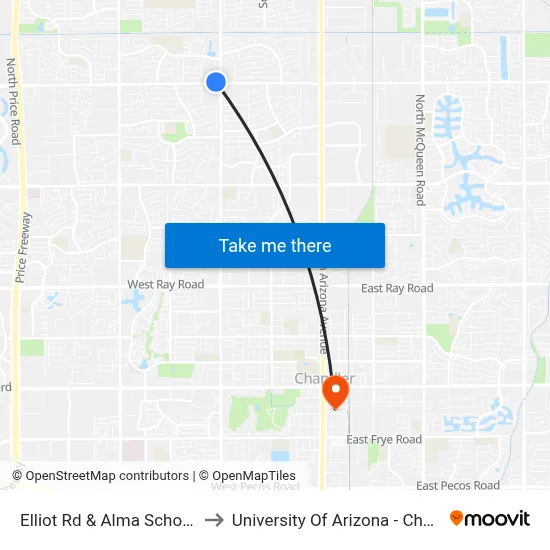 Elliot Rd & Alma School Rd to University Of Arizona - Chandler map