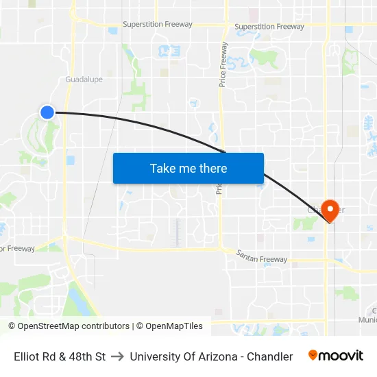 Elliot Rd & 48th St to University Of Arizona - Chandler map