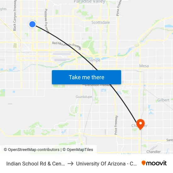 Indian School Rd & Central Av to University Of Arizona - Chandler map