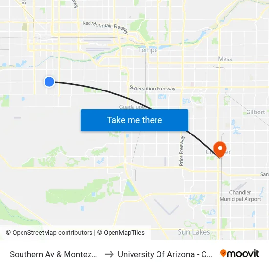 Southern Av & Montezuma St to University Of Arizona - Chandler map