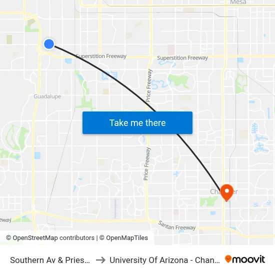 Southern Av & Priest Dr to University Of Arizona - Chandler map