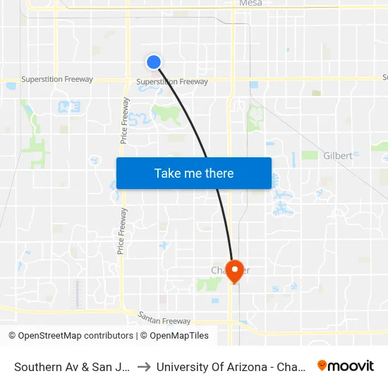 Southern Av & San Jose to University Of Arizona - Chandler map