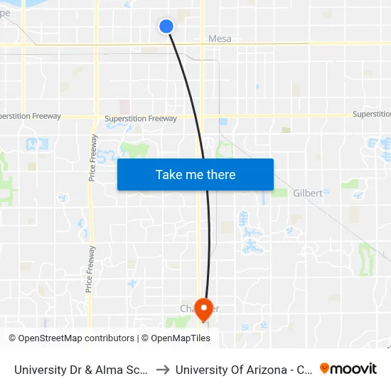 University Dr & Alma School Rd to University Of Arizona - Chandler map