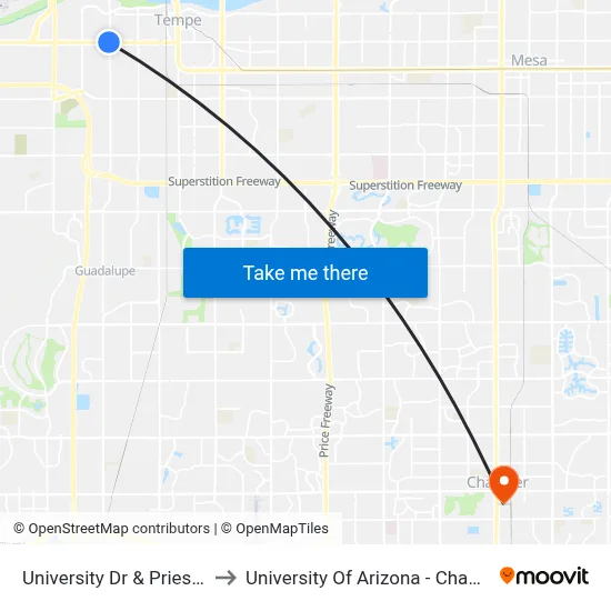 University Dr & Priest Dr to University Of Arizona - Chandler map
