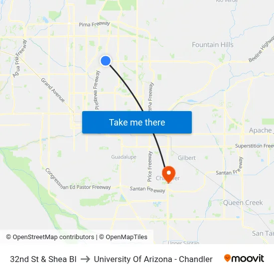 32nd St & Shea Bl to University Of Arizona - Chandler map