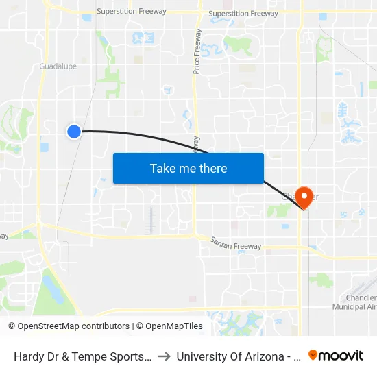 Hardy Dr & Tempe Sports Complex to University Of Arizona - Chandler map