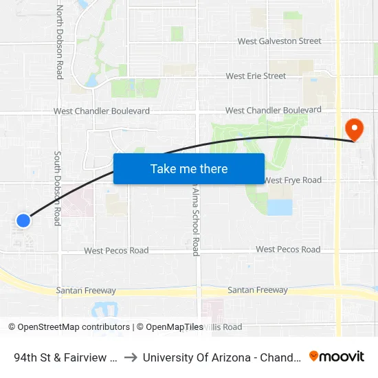 94th St & Fairview St to University Of Arizona - Chandler map