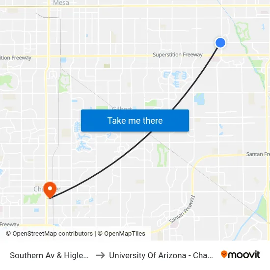 Southern Av & Higley Rd to University Of Arizona - Chandler map