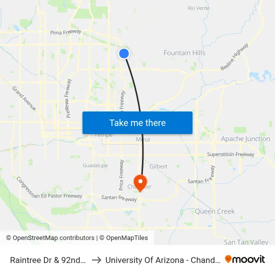 Raintree Dr & 92nd St to University Of Arizona - Chandler map