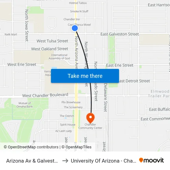 Arizona Av & Galveston St to University Of Arizona - Chandler map