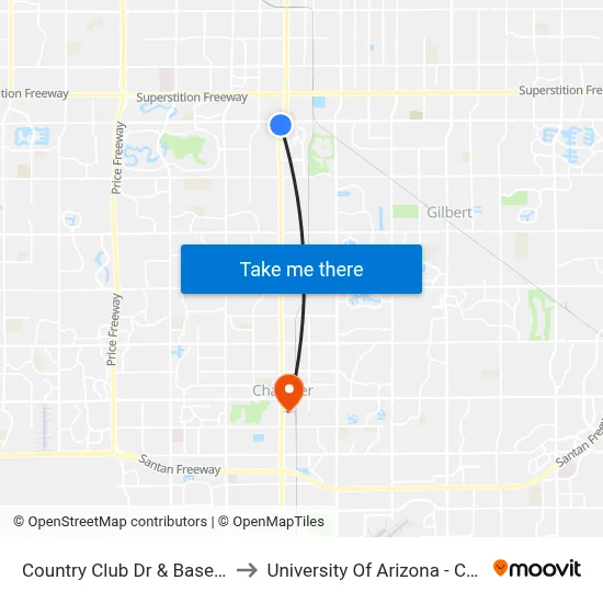 Country Club Dr & Baseline Rd to University Of Arizona - Chandler map