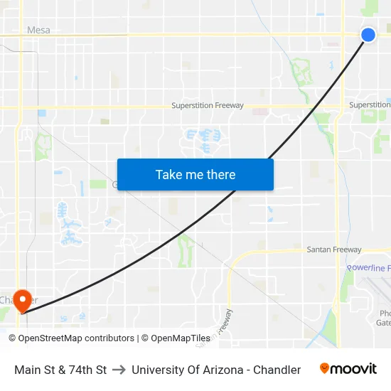 Main St & 74th St to University Of Arizona - Chandler map