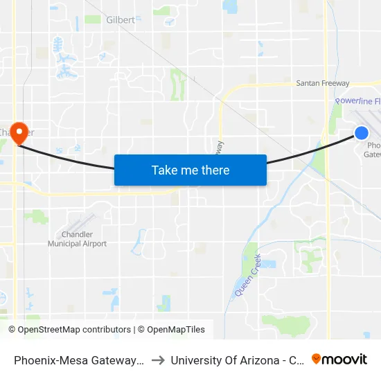 Phoenix-Mesa Gateway Airport to University Of Arizona - Chandler map