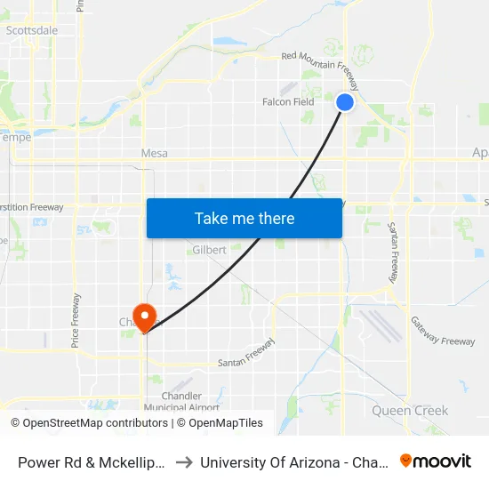 Power Rd & Mckellips Rd to University Of Arizona - Chandler map