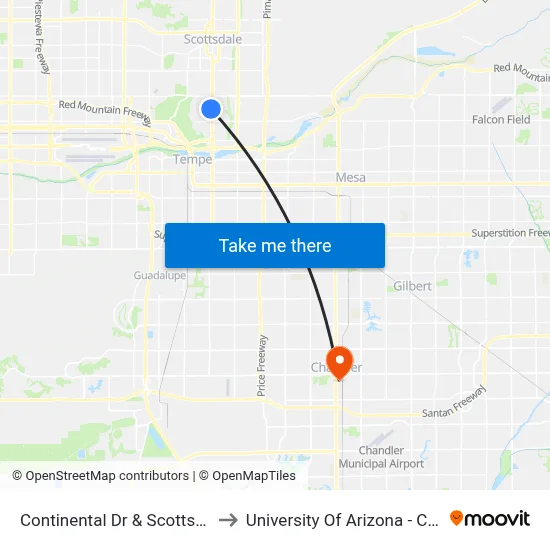 Continental Dr & Scottsdale Rd to University Of Arizona - Chandler map
