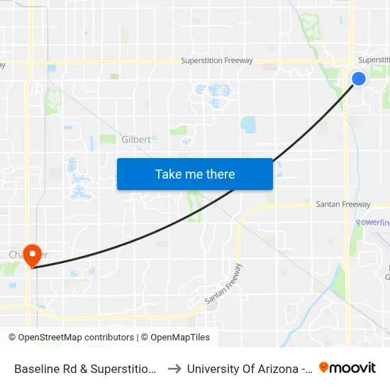 Baseline Rd & Superstition Springs Bl to University Of Arizona - Chandler map