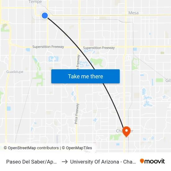 Paseo Del Saber/Apache to University Of Arizona - Chandler map
