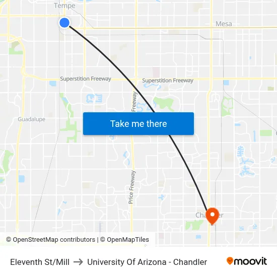 Eleventh St/Mill to University Of Arizona - Chandler map