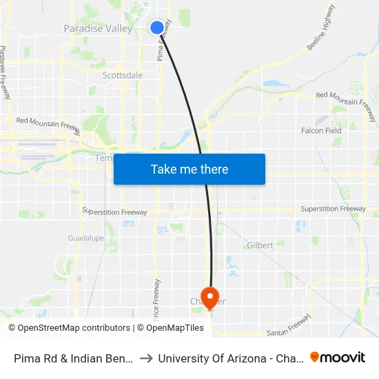 Pima Rd & Indian Bend Rd to University Of Arizona - Chandler map