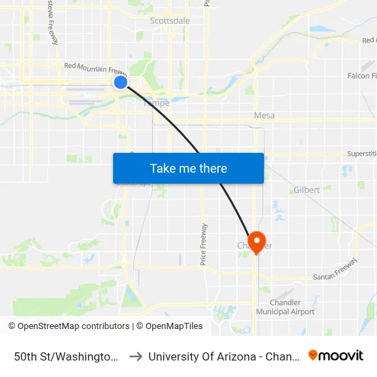 50th St/Washington St to University Of Arizona - Chandler map