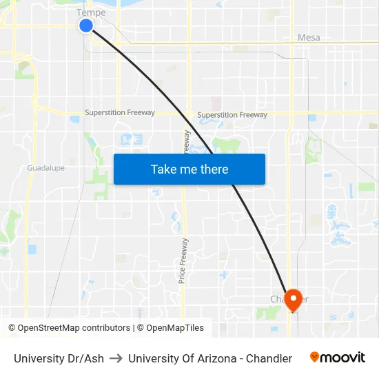 University Dr/Ash to University Of Arizona - Chandler map