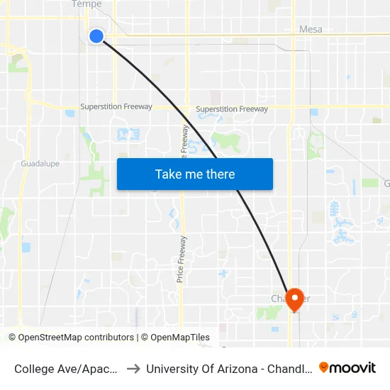 College Ave/Apache to University Of Arizona - Chandler map